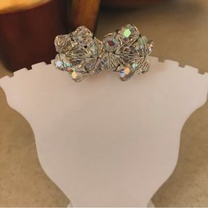Vintage Clear Iridescent Aurora Borealis Cluster Clip On Earrings